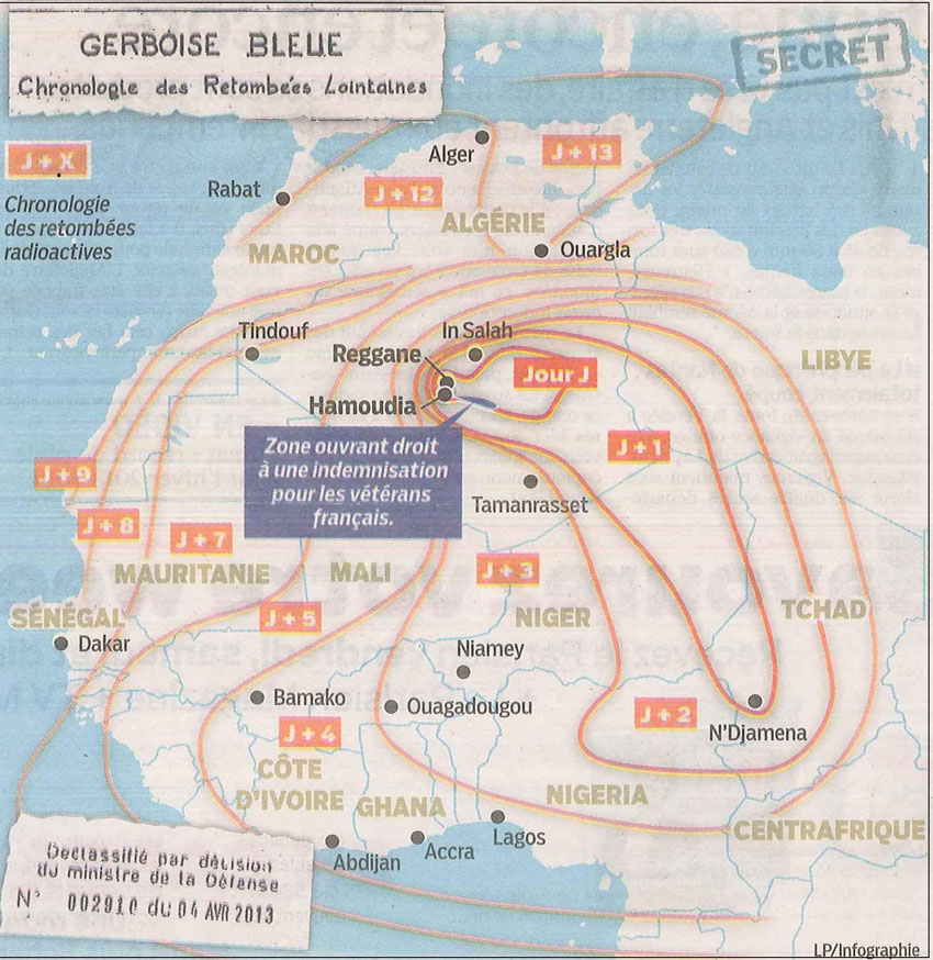 Carte des retombées radioactives provoquées par les premières explosions nucléaires françaises